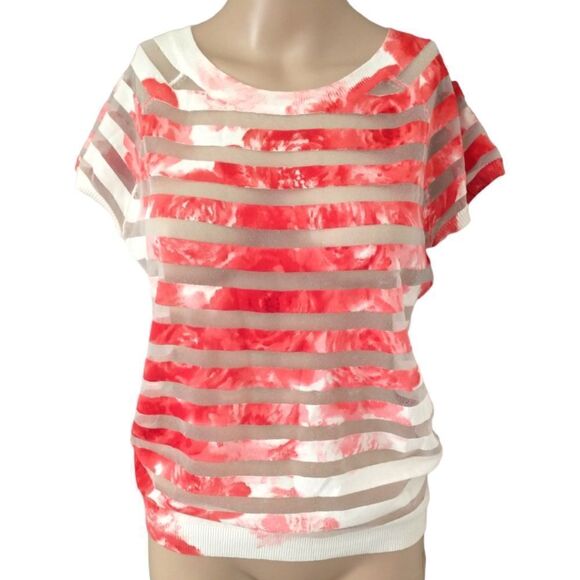 Red White Striped Top Small Mesh Sheer Stripes Tie Dye Lightweight Knit Pullover - Picture 7 of 16